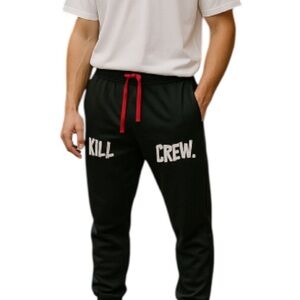 KILL CREW Unisex Joggers Black Thigh Graphics Drawstring Pockets Gym Workout L